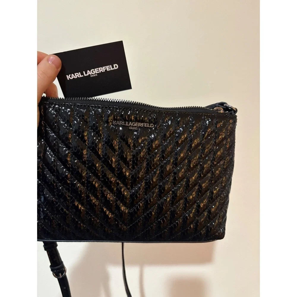 Karl Lagerfeld Paris Quilted Patent Leather‎ Cosmetic Pouch Black